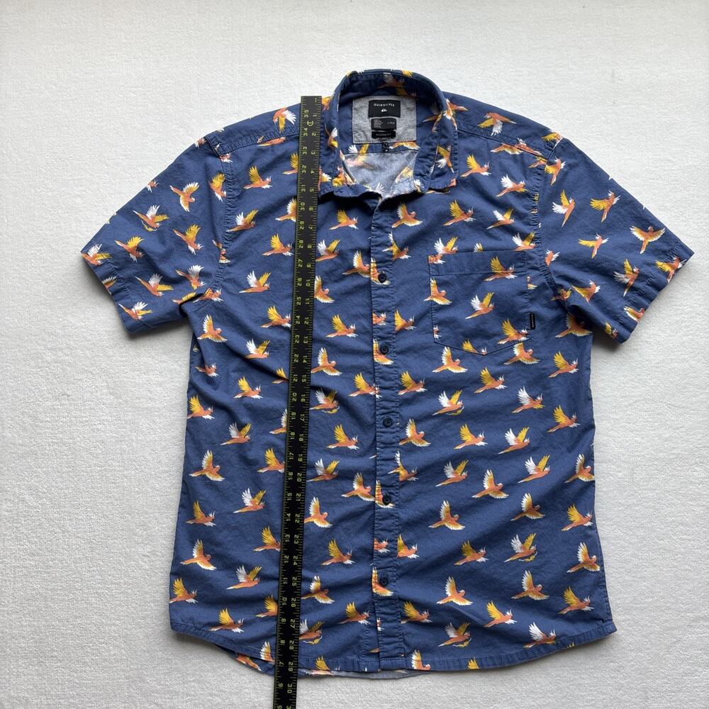 Quiksilver Button Down Shirt Mens Large Blue Tropical Bird Print Modern Fit S/S - Picture 10 of 16